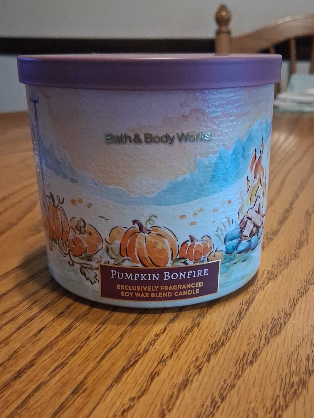 Bath & Body Works Pumpkin Bonfire Candle with Lavender Lid